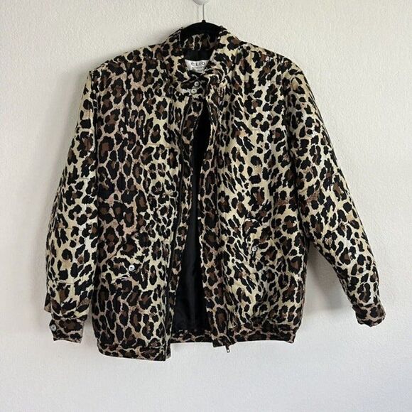 Clio Vintage 90s Womens 100% Silk Leopard Cheetah Print Bomber Puffer Jacket PL - Picture 10 of 12